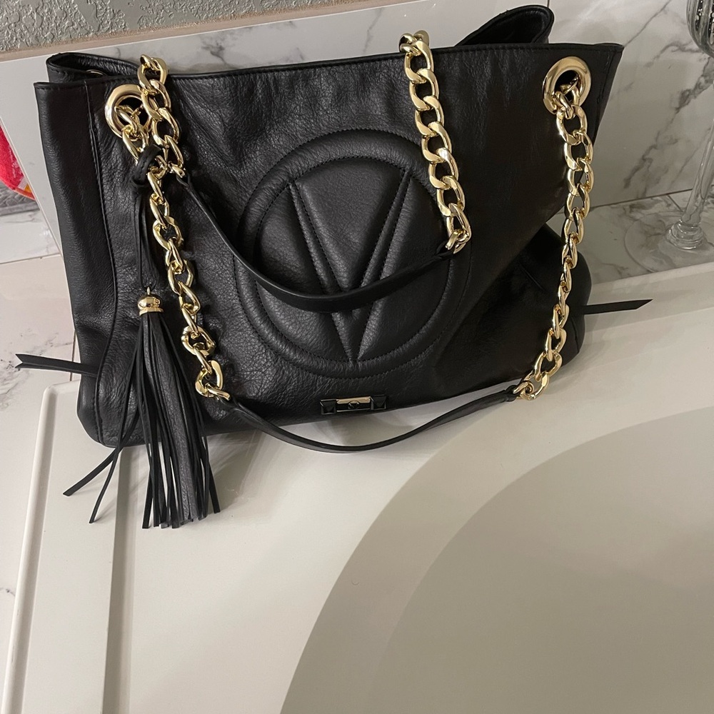 Black and Gold Shoulder Bag with Chain Strap and Textured Leather